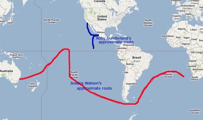Approximate routes of the two teen solo sailors © SW